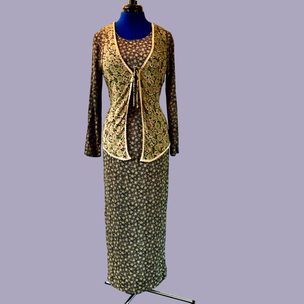 Carole Little Green and Brown Floral Maxi with Lace Overlay